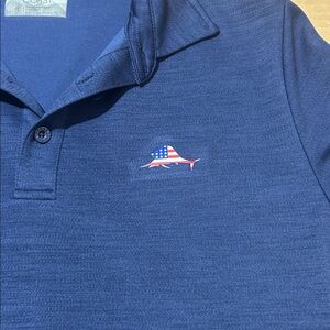 Ocean coast Small Navy Polo Shirt with American Flag Marlin Logo
